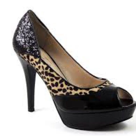 MARC FISHER 7.5M Mob Wife Peeptoe Stiletto Animal Print Sequin Heels - Picture 1 of 15